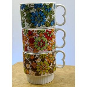 VTG 60s Stylecraft Wales Japan MCM Stackable Floral Mugs Set of 3 Heart Handle